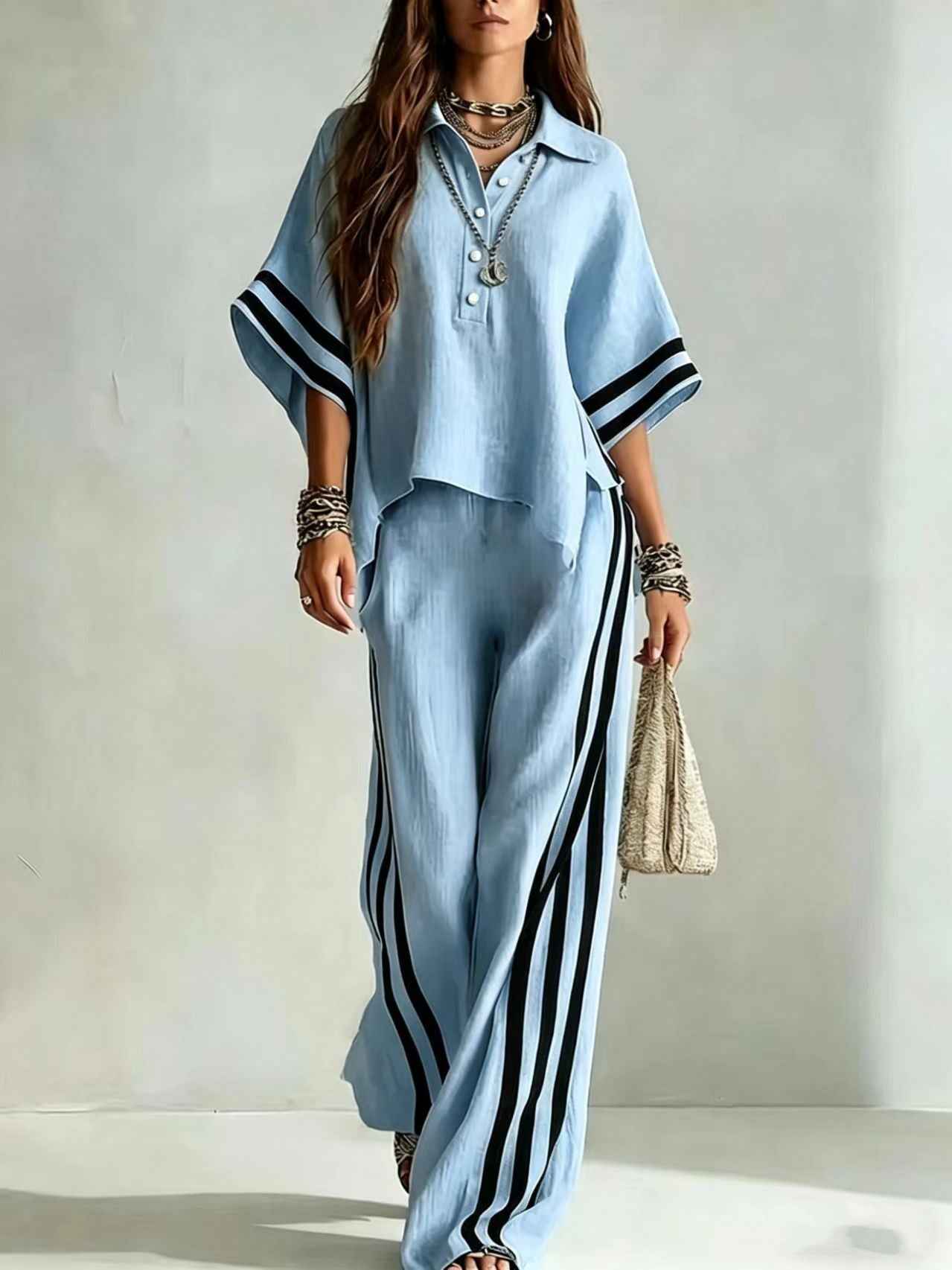 3/4-Sleeve Shirt & Wide-Leg Trousers Set — Plus Size, Commuter Style