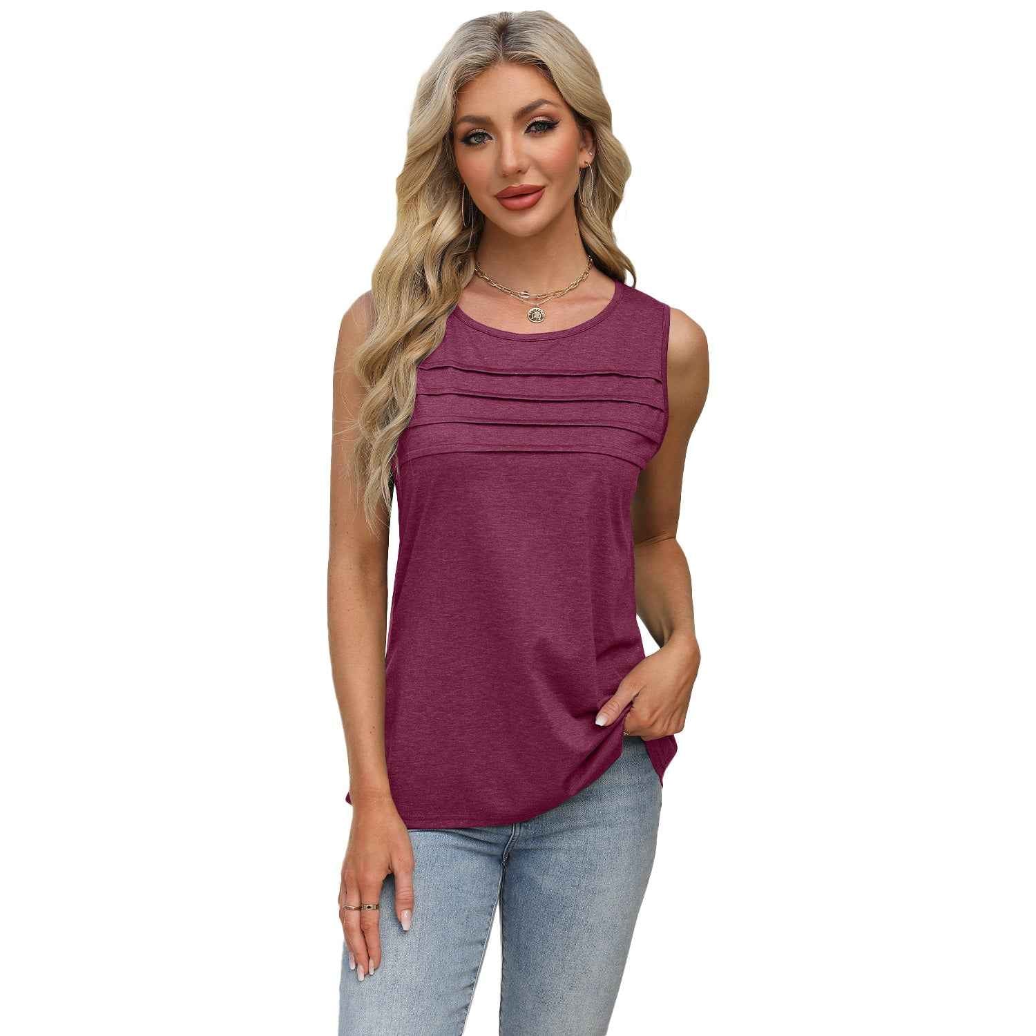 Solid-color U-neck Pleated Tank Top T-shirt