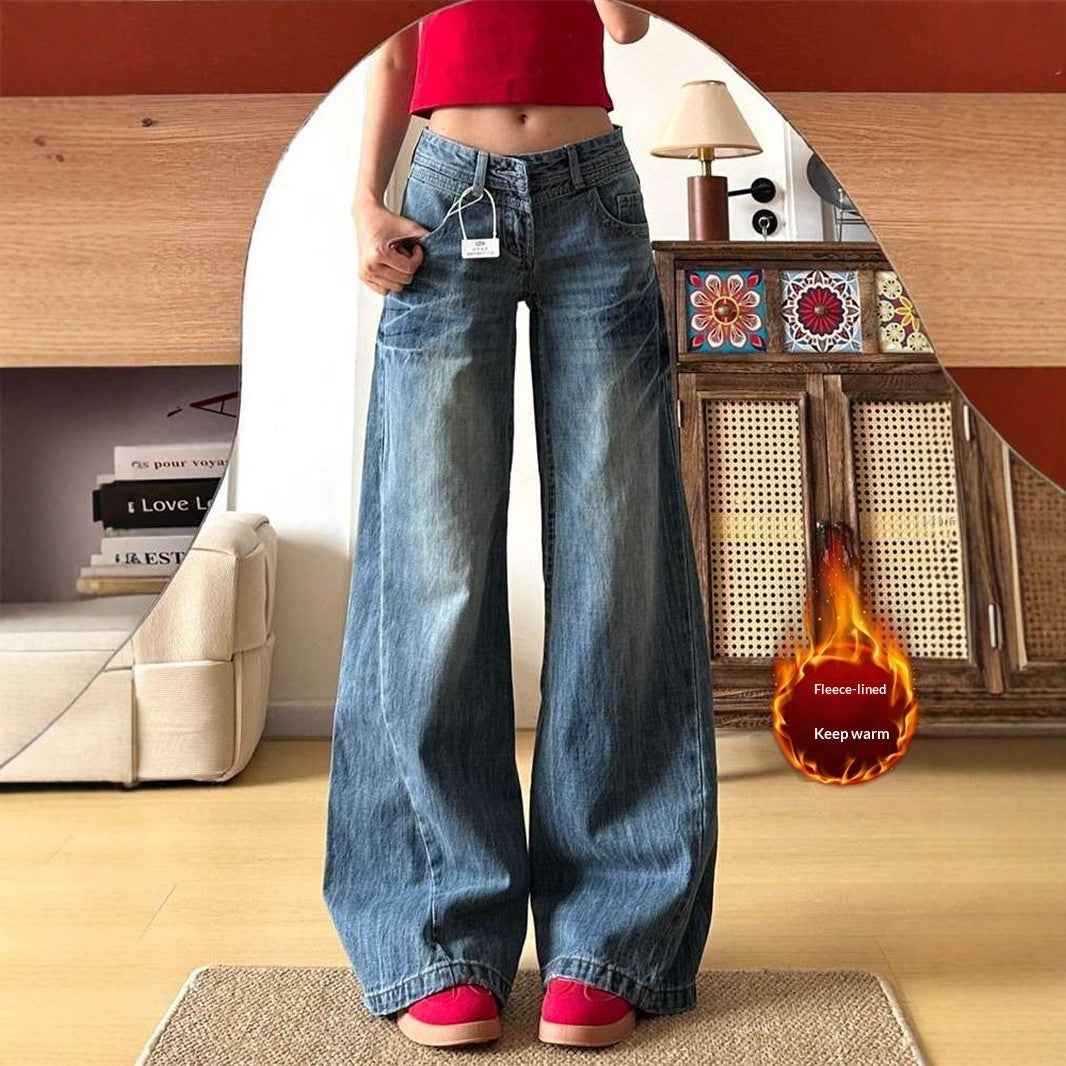Women's High-Waist Washed Wide-Leg Denim Jeans — Brushed & Thickened