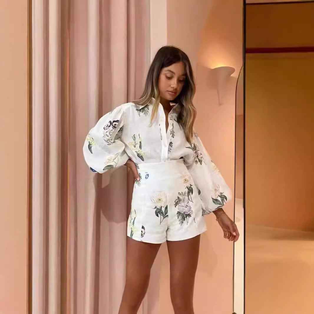 High-waisted Shorts Fashionable Blouse Linen Print Casual Chic Set