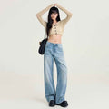 Womens Light-blue Washed Wide-leg Jeans