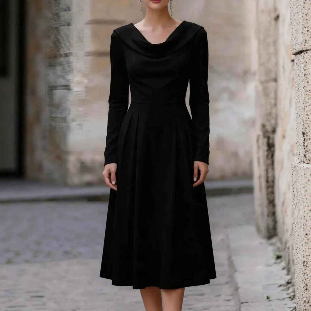 Elegant Boat-neck Satin Long-sleeve Waist-cinched Midi Evening Gown