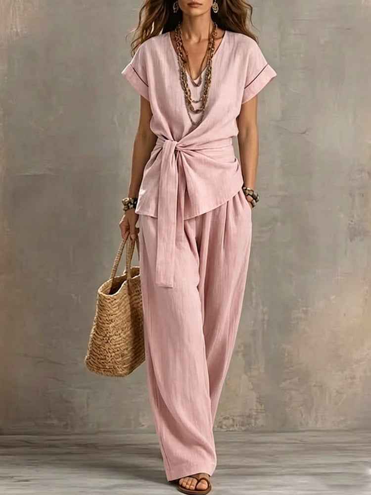 Women's 3/4 Sleeve Cotton-Blend Top & Long Pants Co-Ord Set — 4 Colours