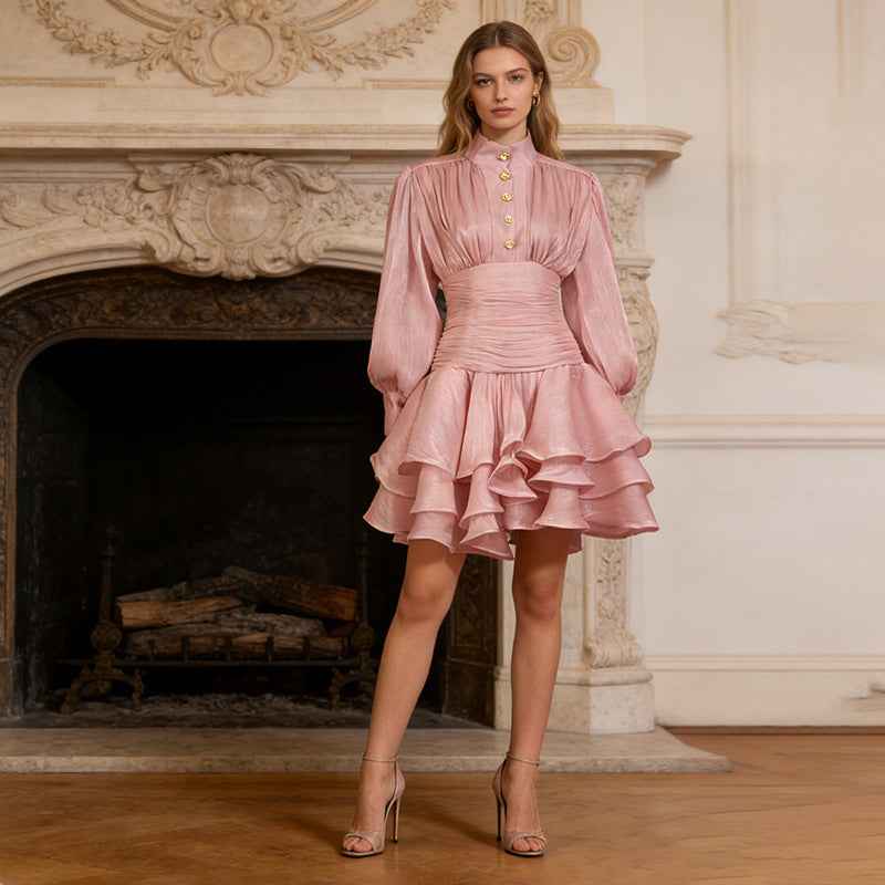 High-Waist Puff-Sleeve Ruffle Hem A-Line Mini Dress