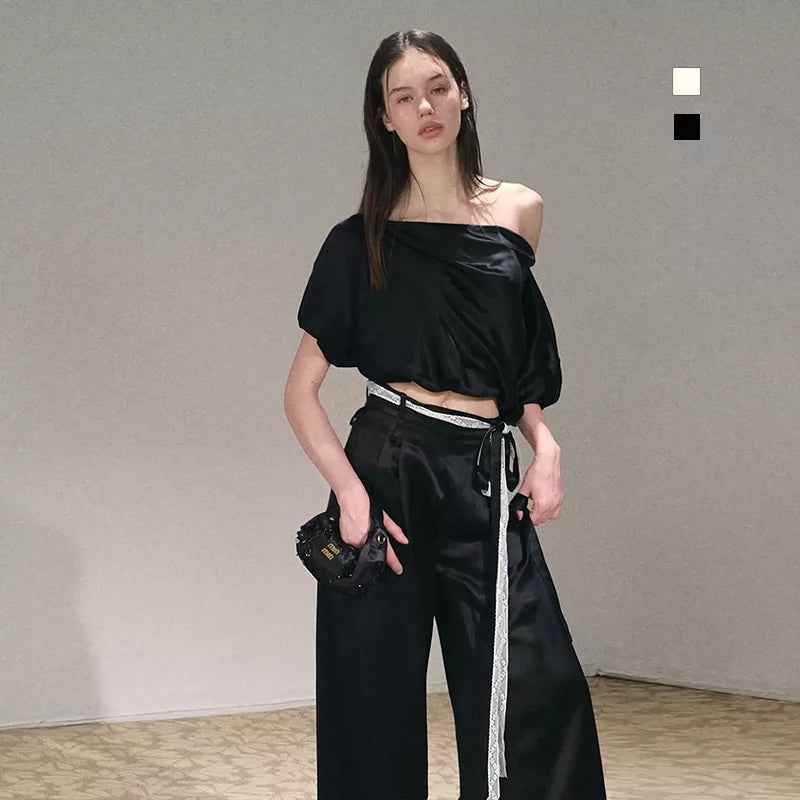 Two-piece Set Off-shoulder Top With Lace Belt And Wide-leg Pants