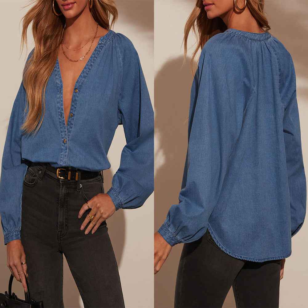 Loose-fit V-neck Washed Denim Long-sleeve Top
