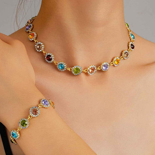 Colorful Zircon Bracelet & Necklace Set for Women – Zinc Alloy Pendant