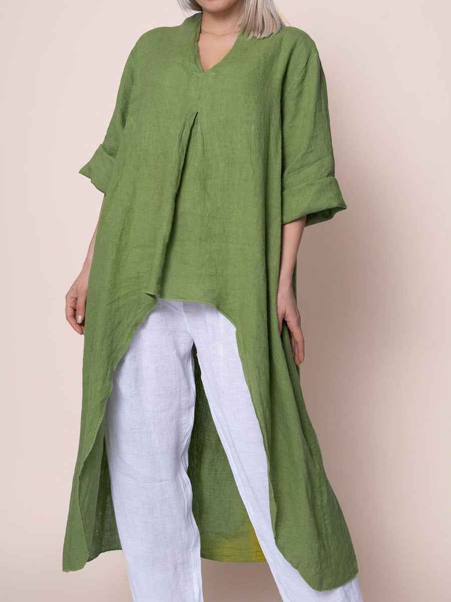 Womens Solid-Color V-Neck Asymmetric Long-Sleeve Shirt