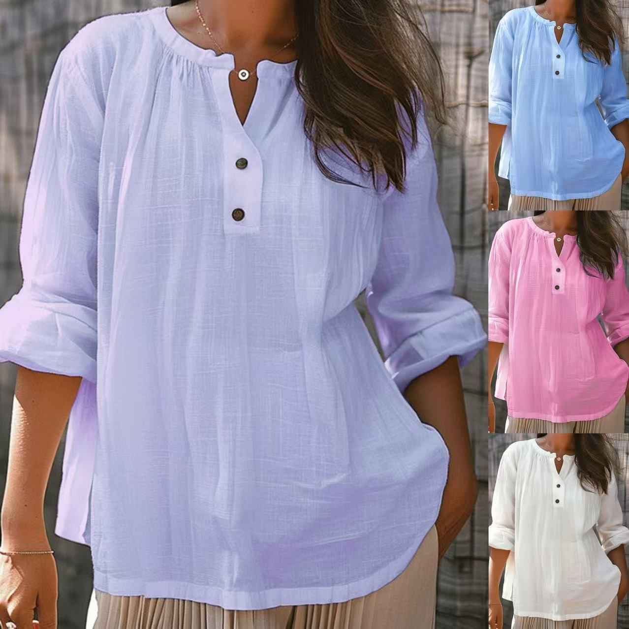 Women's Bamboo-Stripe Crew-Neck Cotton Shirt