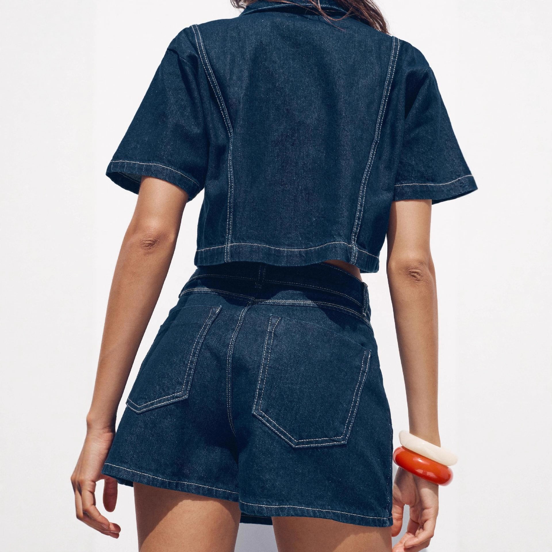 Short-Sleeve Denim Shirt & Skirt Two-Piece Set