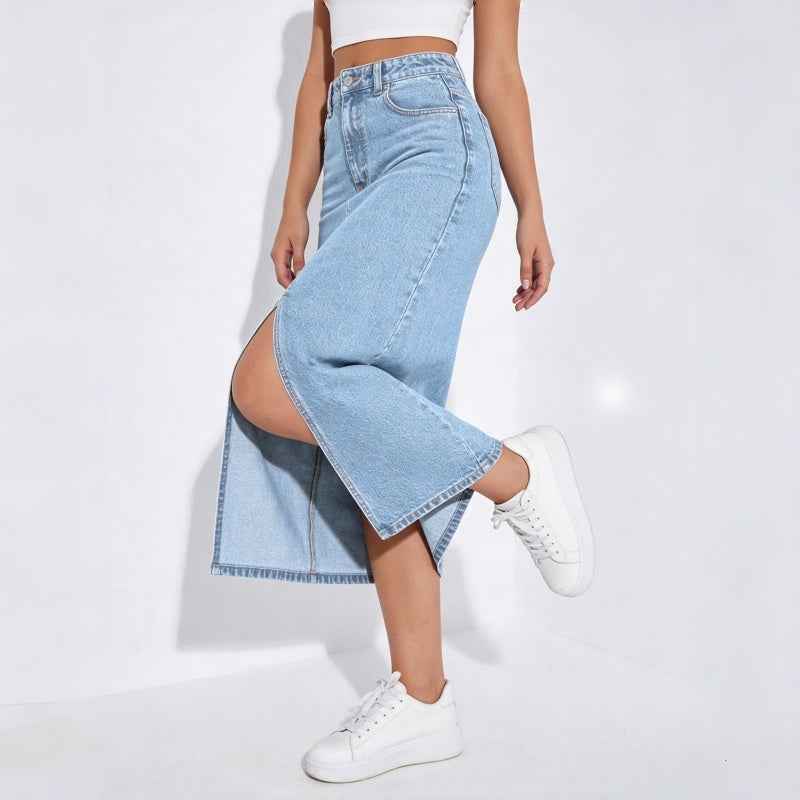 High-Waisted Light Wash Denim Midi Skirt – Front Slit A-Line Jean Skirt