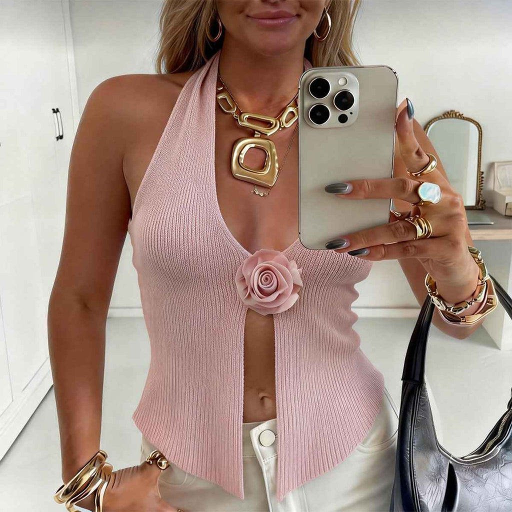 Pink Floral Halter-Neck Knitted Vest