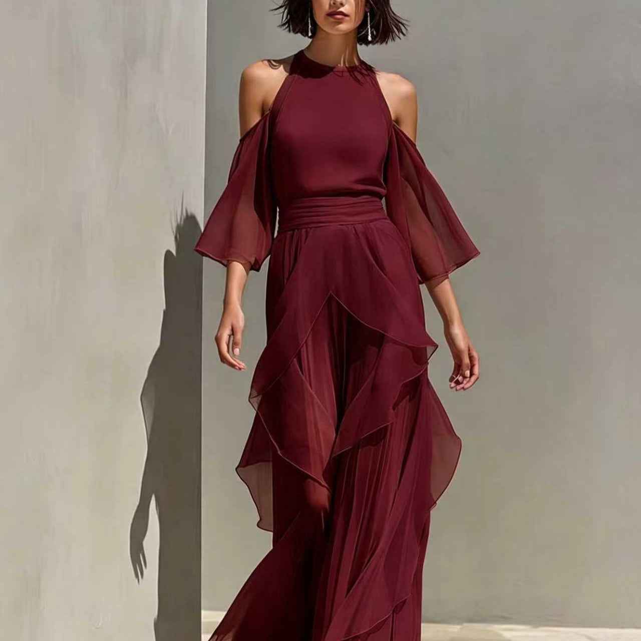Womens Chiffon Blouse And Flare-sleeve Straight-leg Pants Set