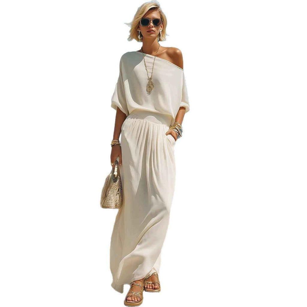 Womens Resort-Style Casual Off-Shoulder Long-Sleeve Top And Elastic-Waist Midi Skirt Set