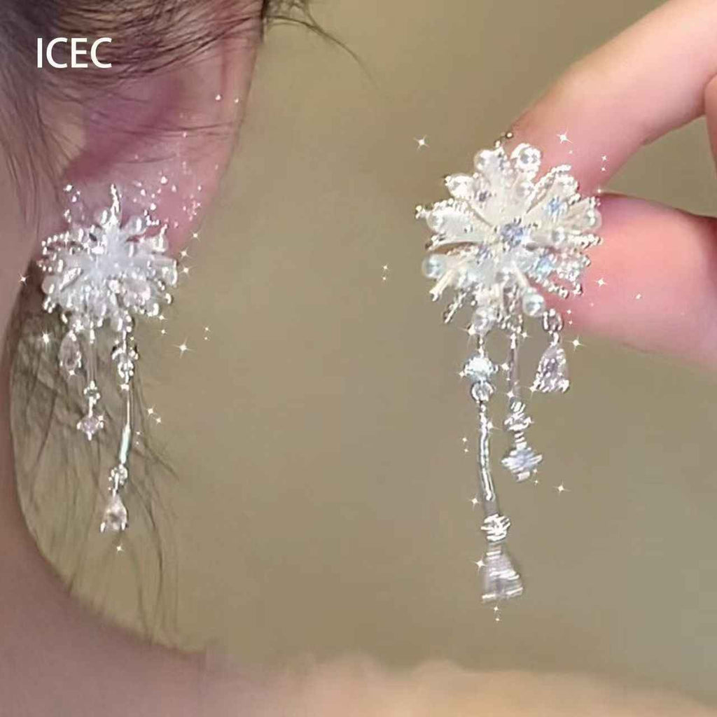 Light Luxury Forest Style Zircon Firework Tassel Stud Earrings, Super Fairy Versatile Exquisite High-grade Temperament Ear Jewelry For Women
