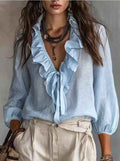 Women's Ruffle-Trim V-Neck Lace-Up Blouse with Flared Sleeves — 3 Colours