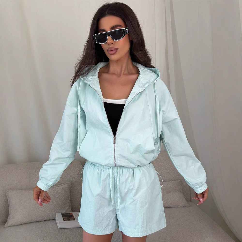 Womens Long-sleeve Zip-up Cardigan And Shorts Set