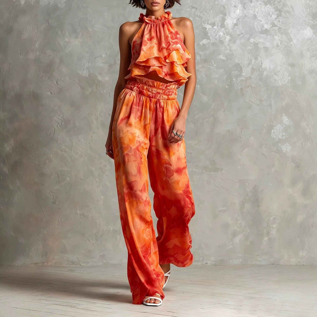Halter-Neck Printed Top & Pants Set — 3 Colours