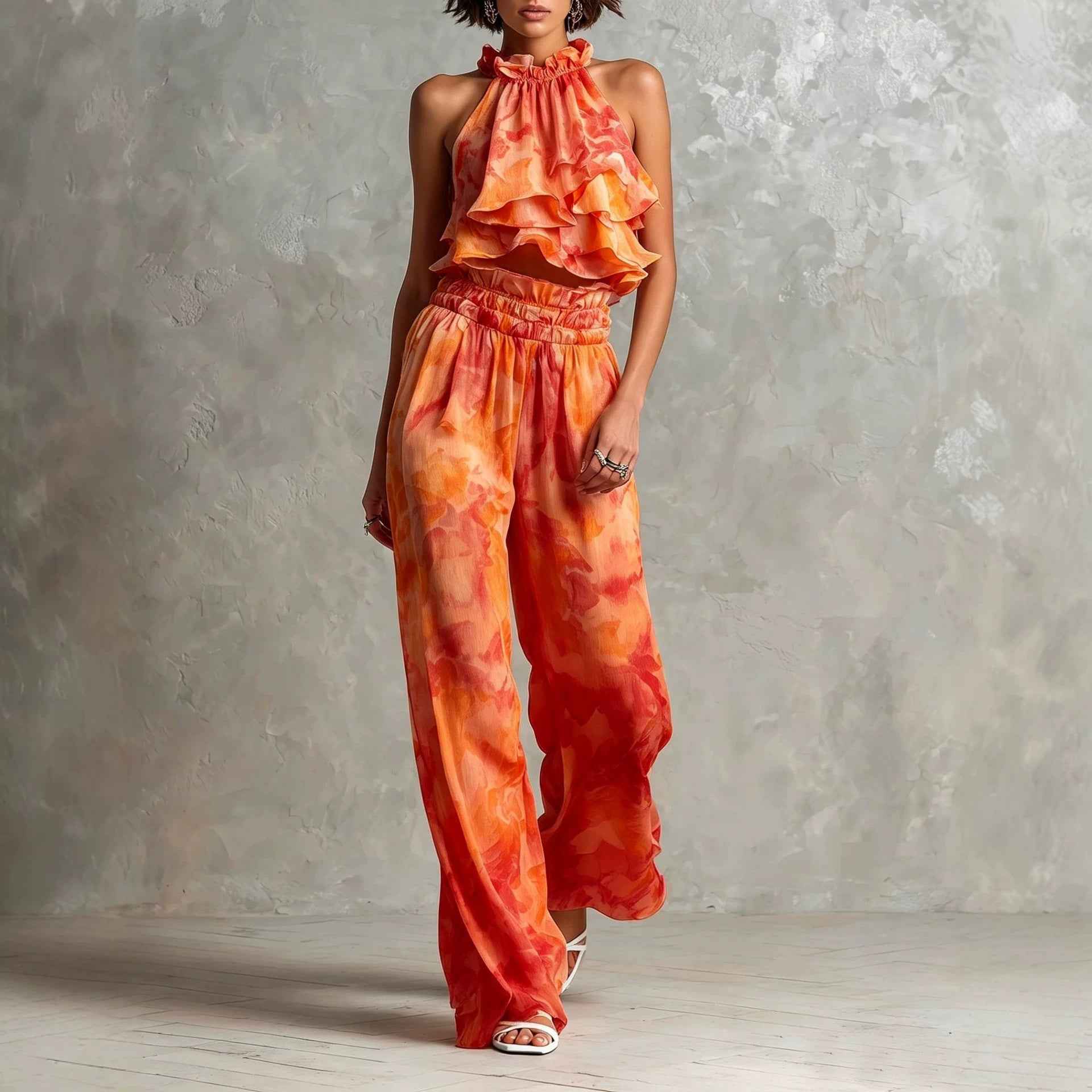 Halter-Neck Printed Top & Pants Set — 3 Colours