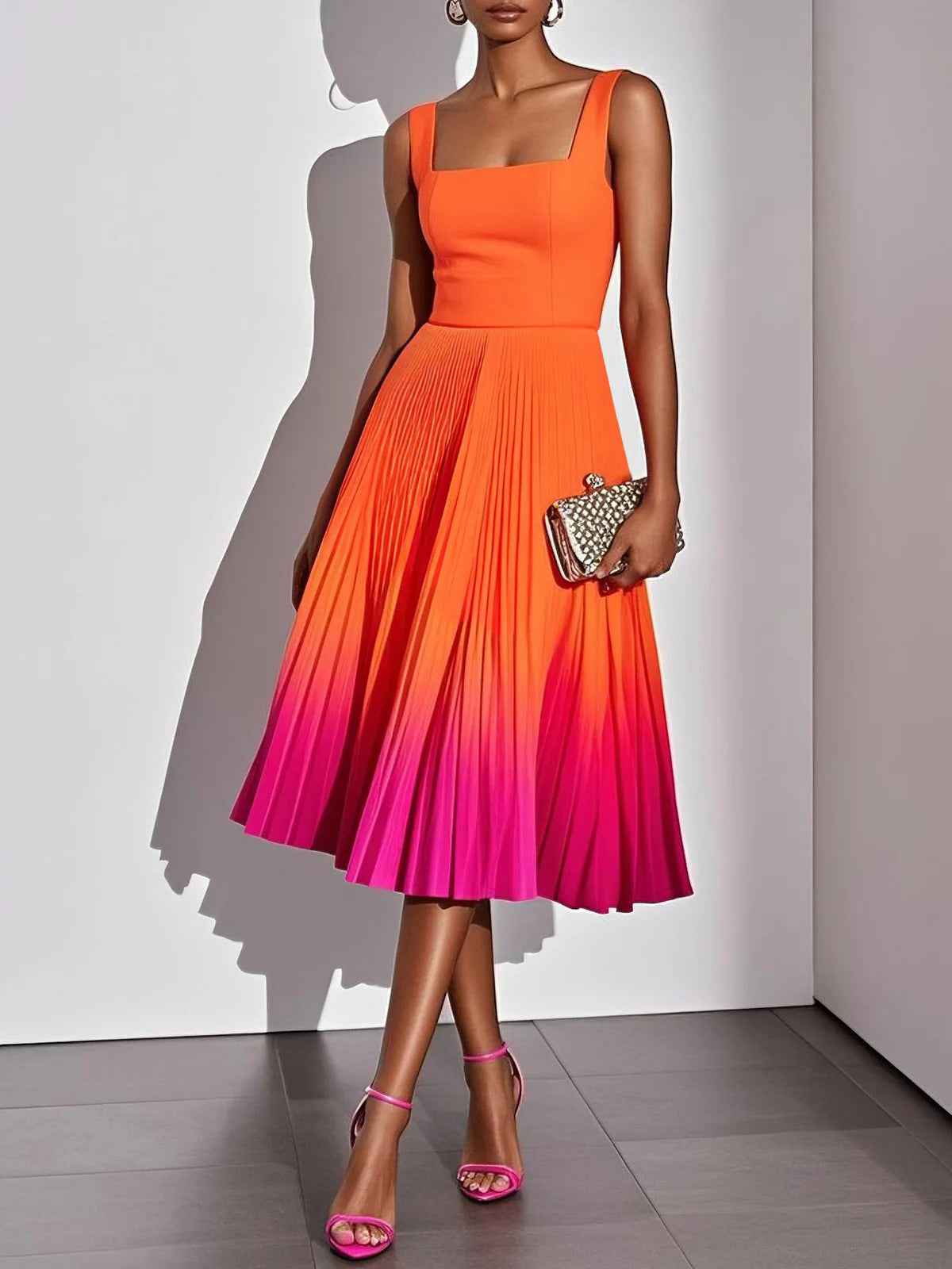 Square-Neck Gradient Pleated Midi Dress – Women's High Waist A-Line Dress