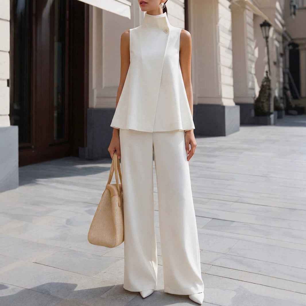 Womens Stand-collar Sleeveless Top And Elastic-waist Wide-leg Pants