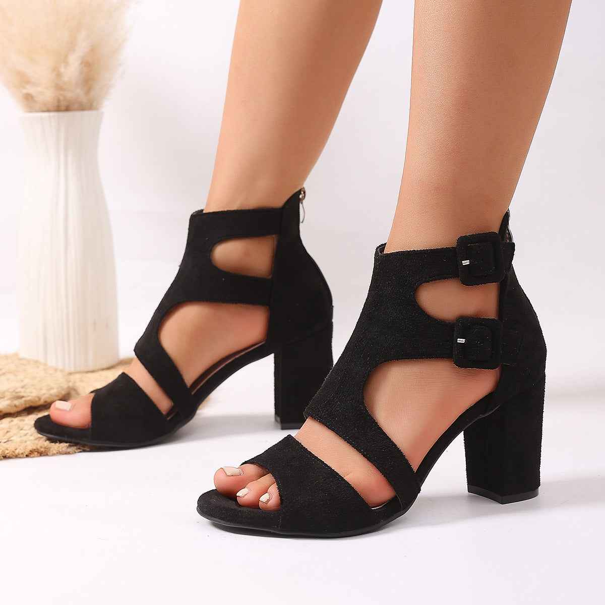 Black Suede Peep-Toe Chunky Heel Pumps – 6 Styles | Sizes 35–43