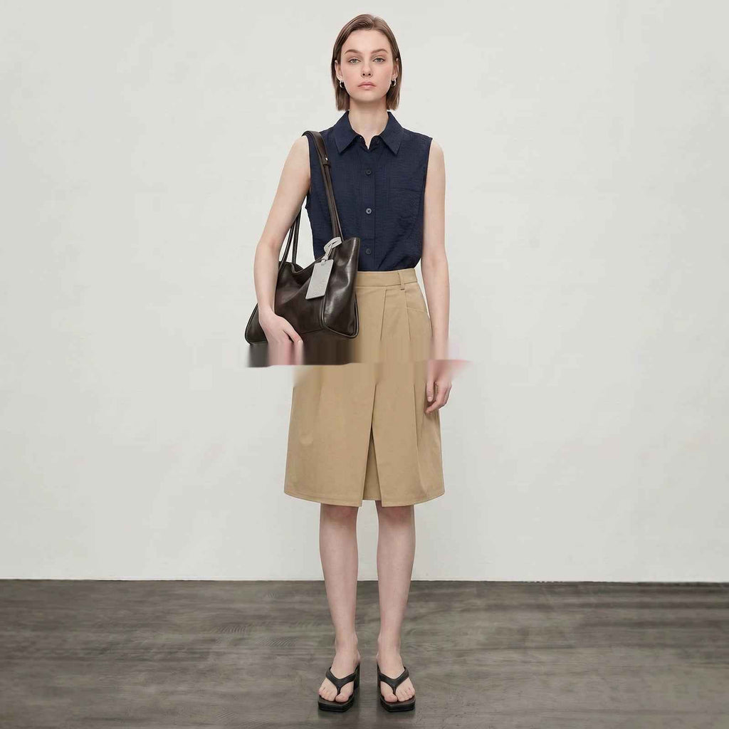 Womens Sleeveless Shirt With Lapel Collar Breathable Navy-Blue Commuter Top For Summer