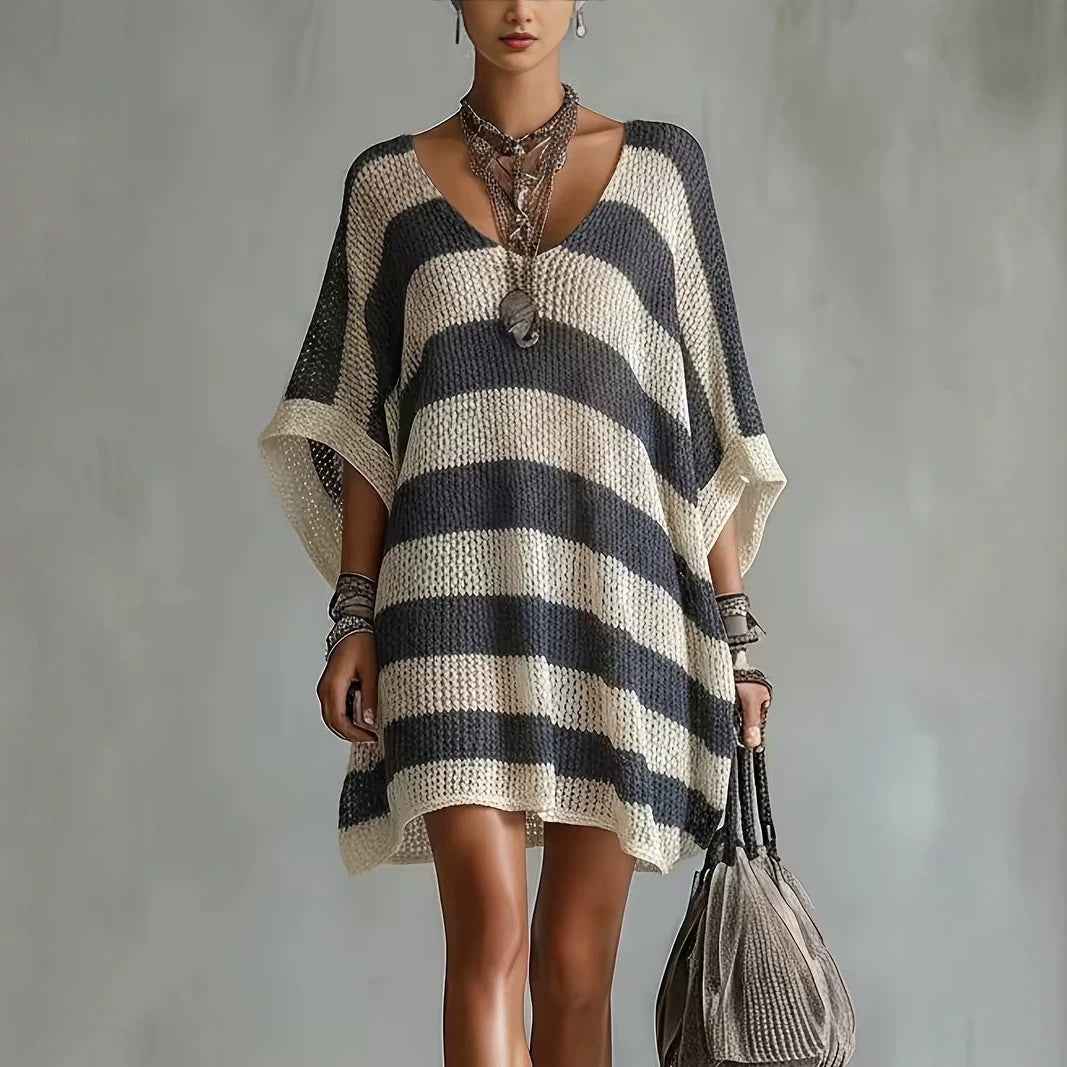 V-Neck Puff Sleeve Colour-Block Knit Sweater – Plus Size