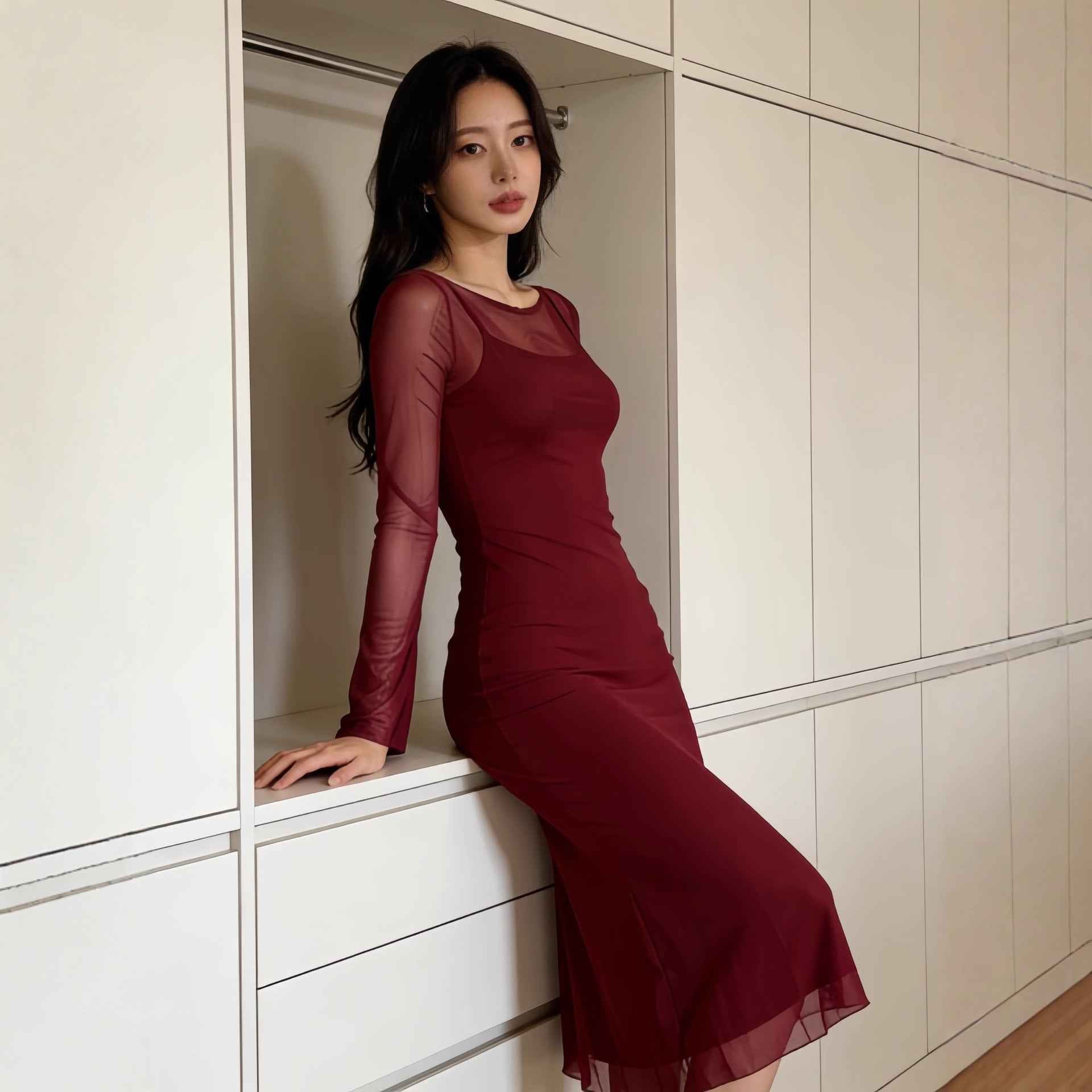 Women's Sheer Mesh Off-Shoulder Maxi Dress & Cardigan Set