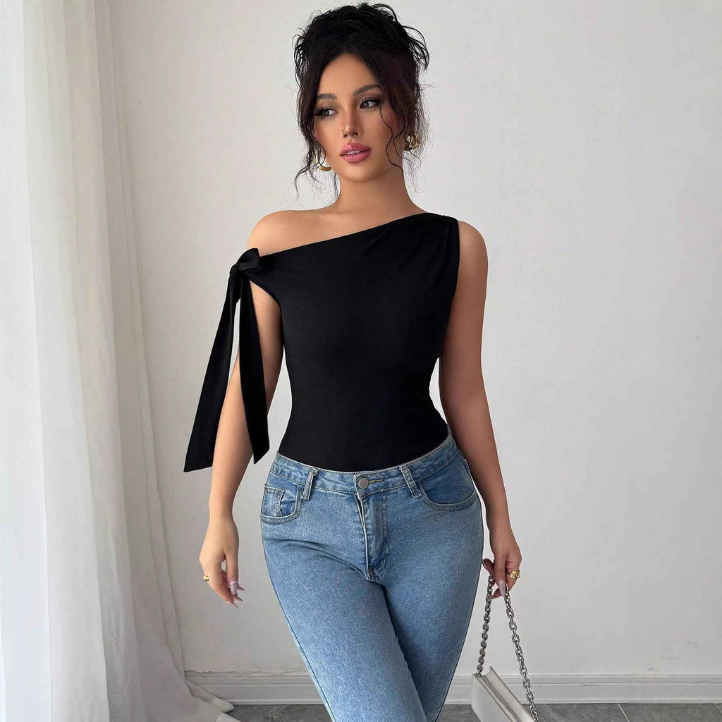 Womens Elegant Solid-color Off-shoulder Twist-tie Top