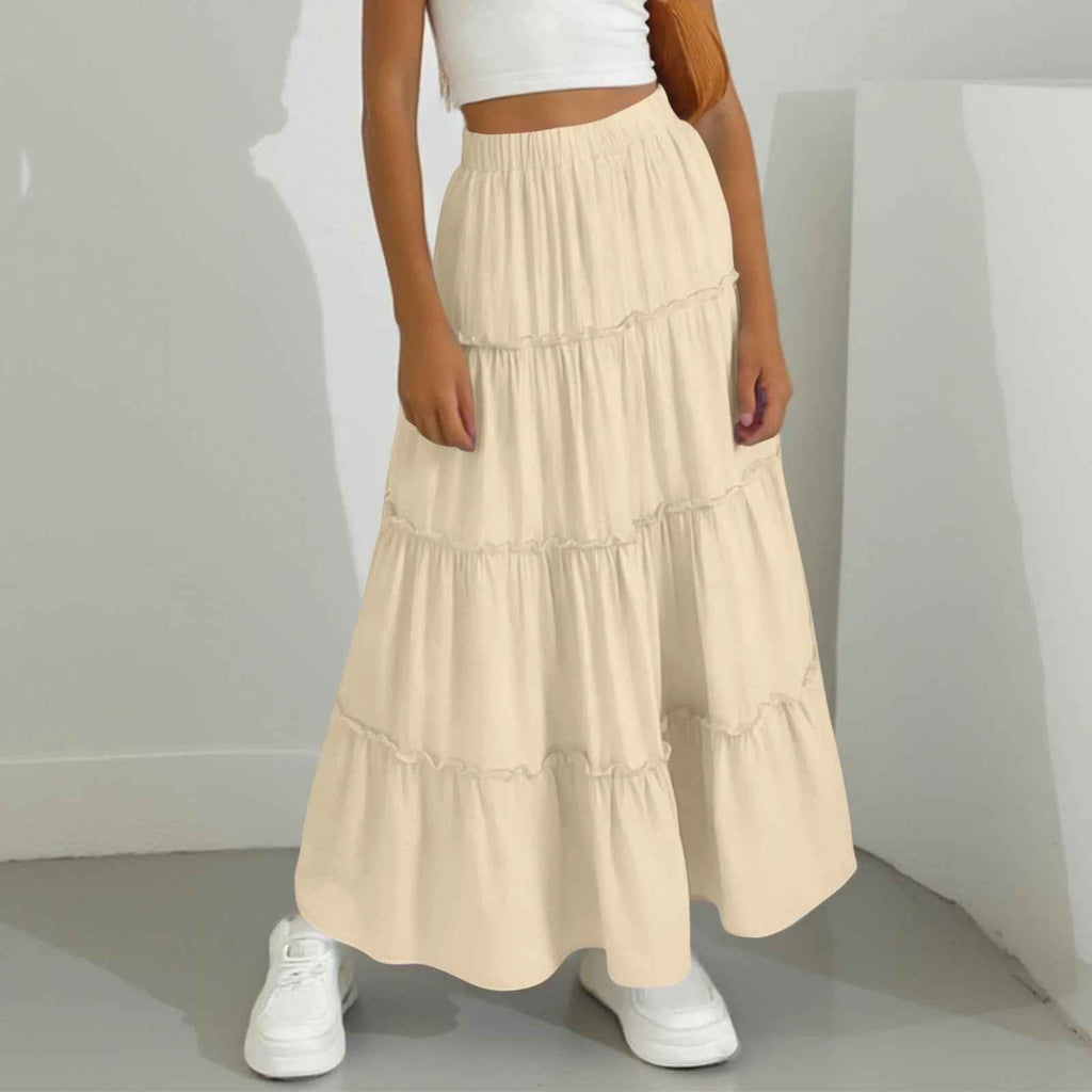 Pleated A-Line Midi Skirt – Lace & Ruffle Detail, Lined