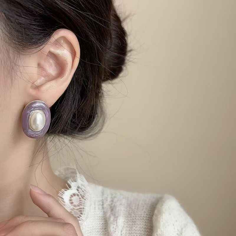 Daily Niche Enamel Glaze Purple Oval Clip On Earrings For Non Ears, Elegant Commute  Style Coil Cushion Ear Cuffs