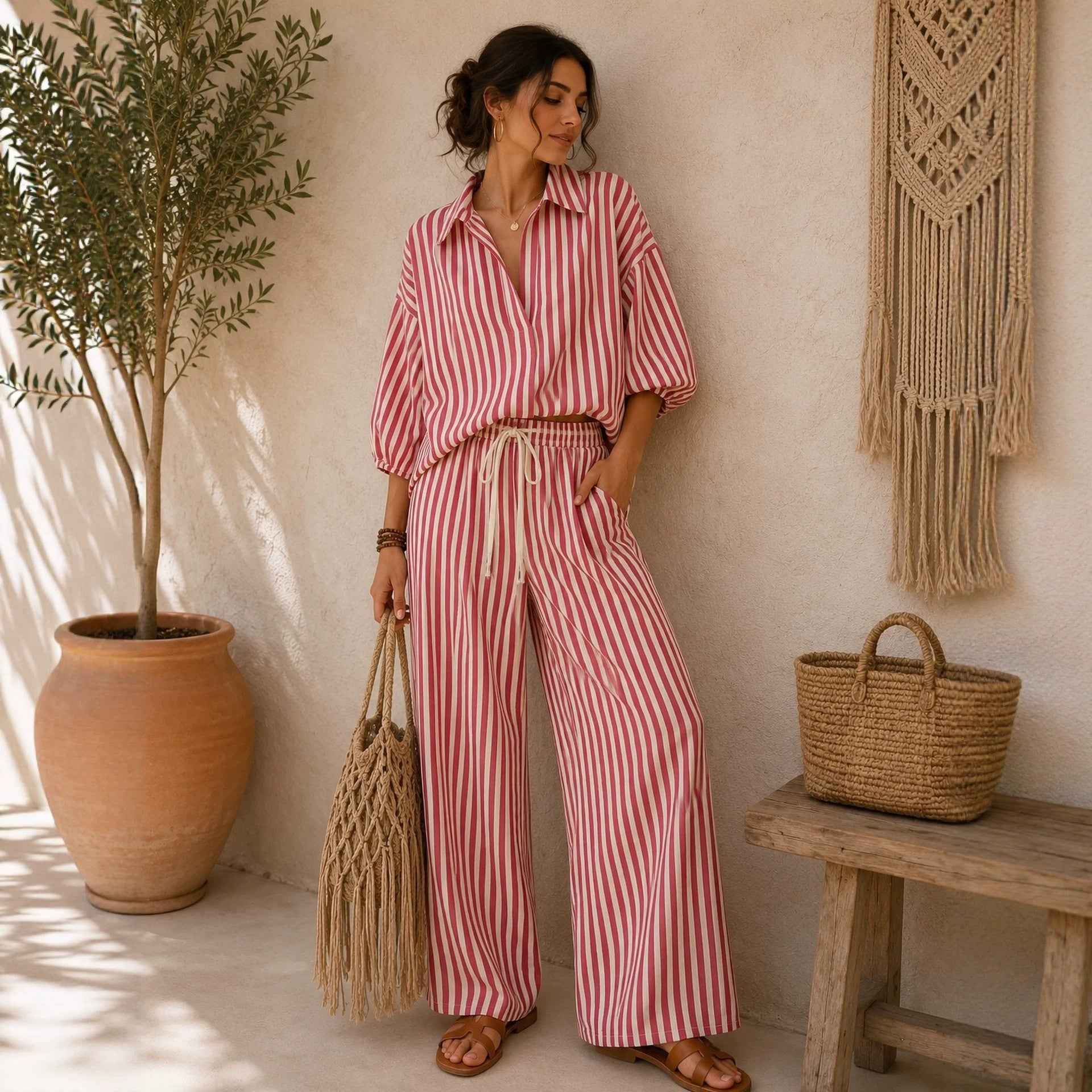 Fashionable Striped Lapel Shirt And Pants Womens Set