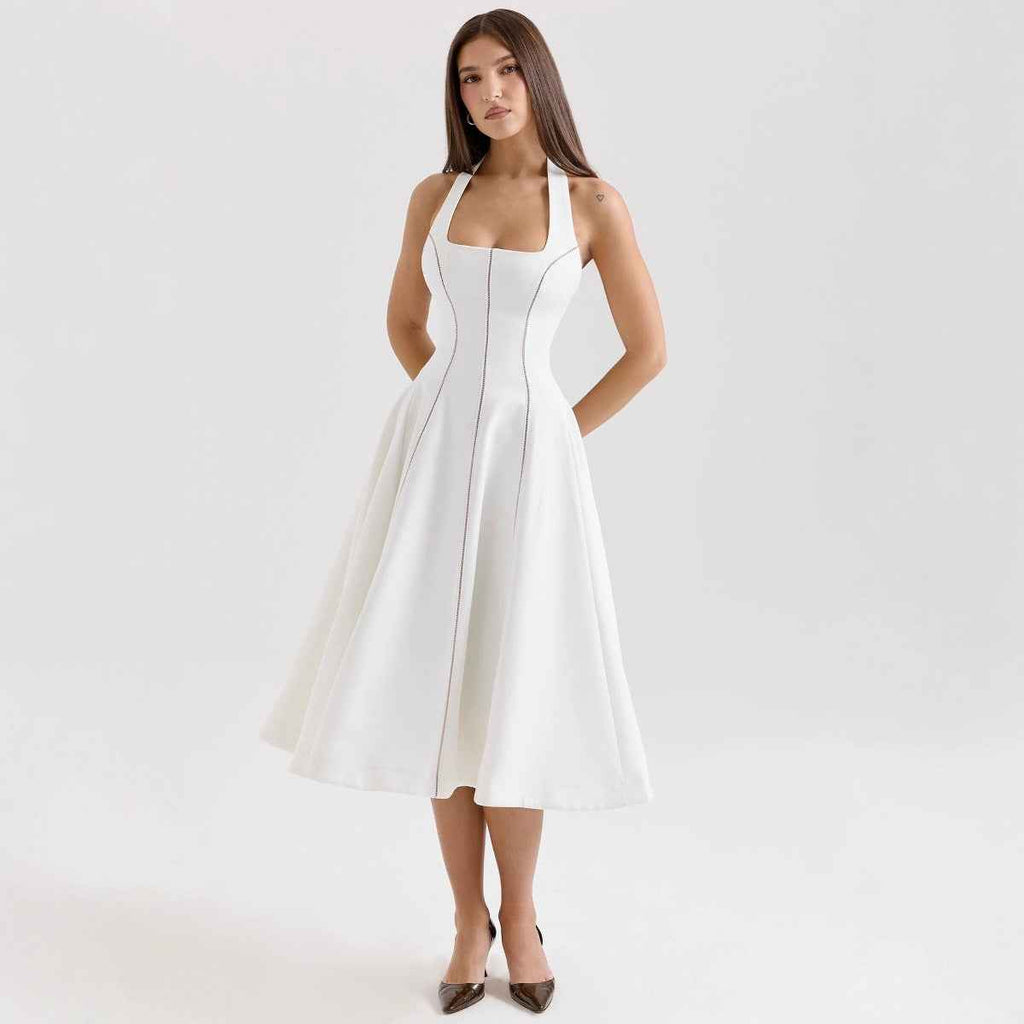 White Backless Halter-neck Mini Dress with Flared Hem