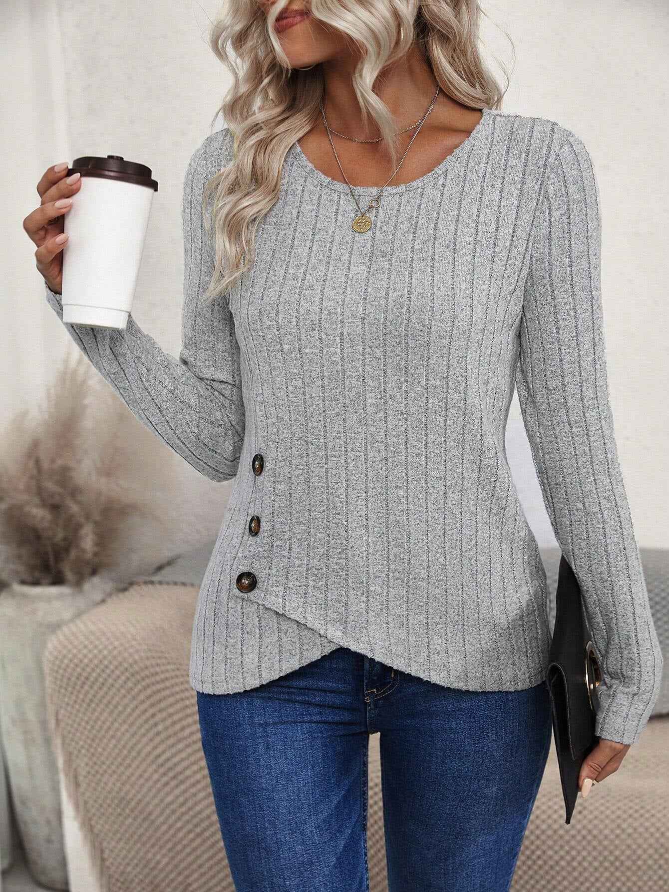 Women's Ribbed Long-Sleeve Top with Asymmetric Hem — 2 Colours