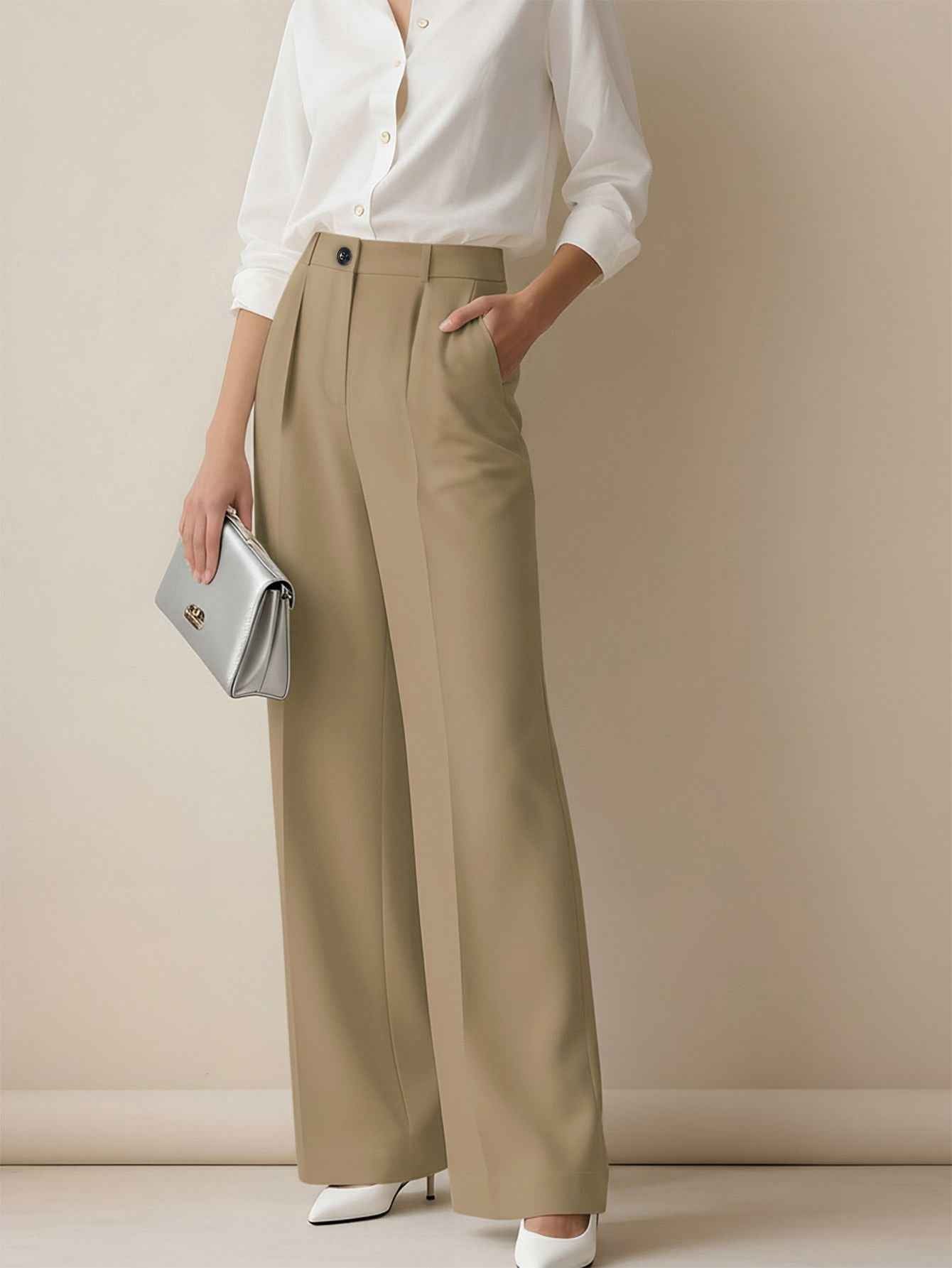 Women's High-Waist Pleated Straight-Leg Dress Trousers – 19 Colours, XS–XL