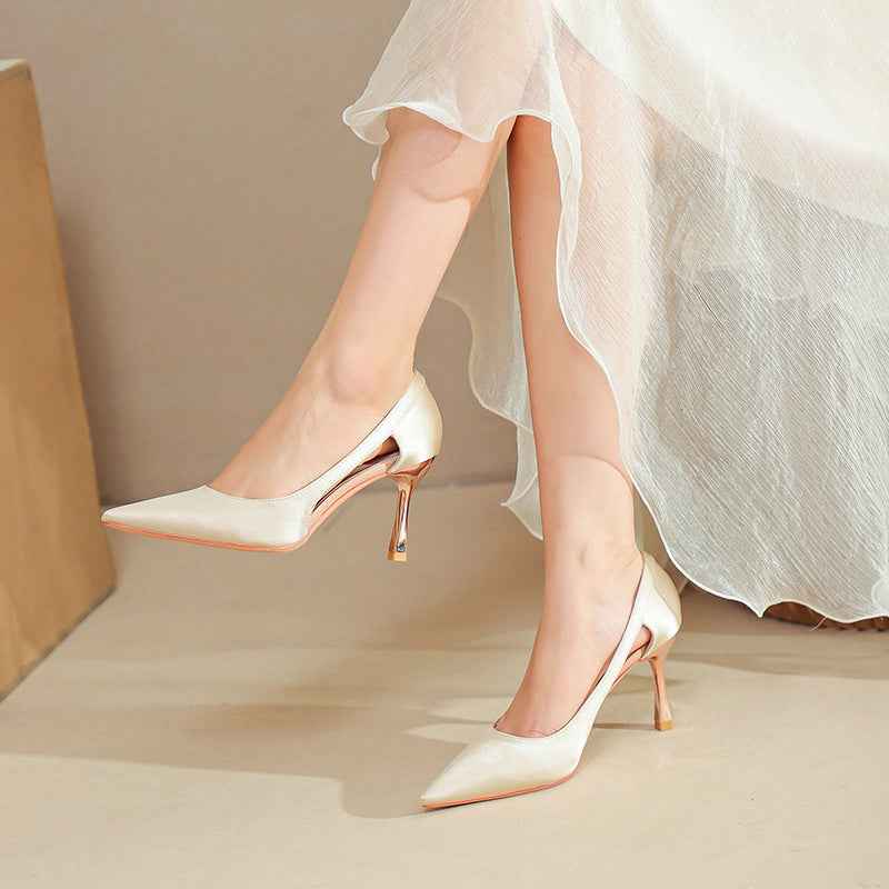 Satin Pointed-Toe Stiletto Heels – Hollow-Out Low-Cut Design