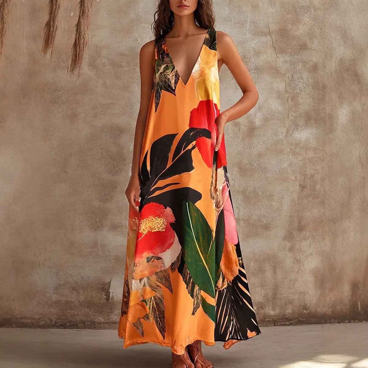 V-Neck Printed Sleeveless Vest Dress — Loose Fit Mid-Rise