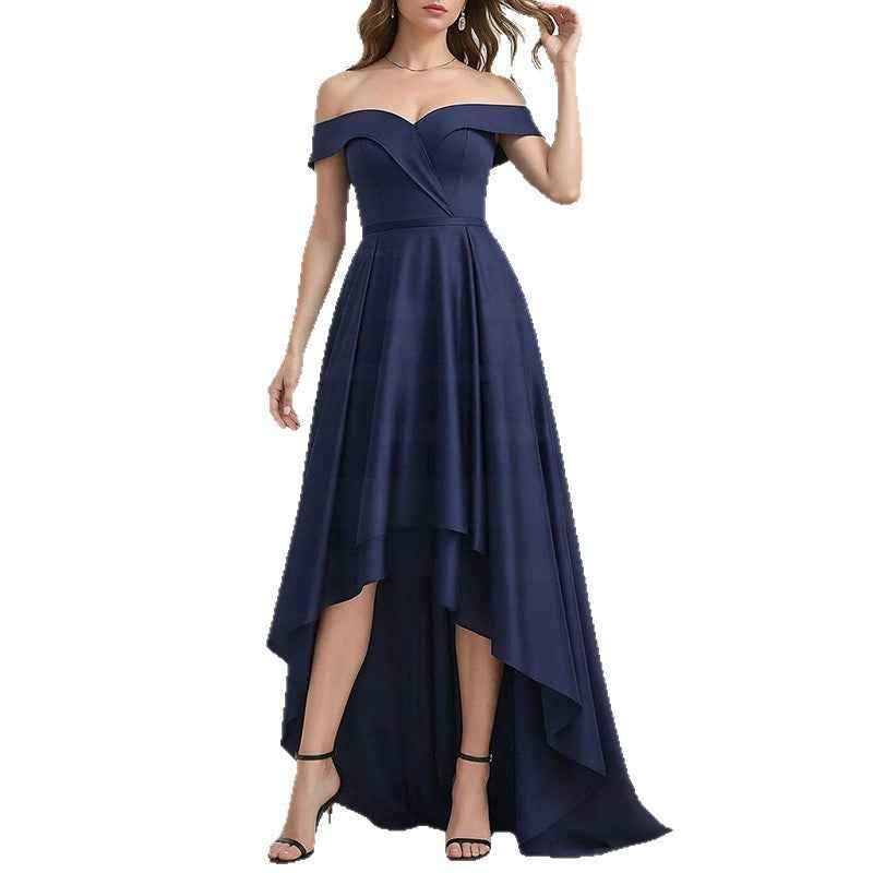 Womens Solid-Color Irregular French-Style Flowy Long Dress