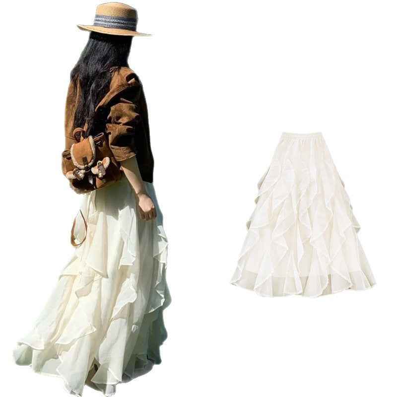 Women's Irregular A-Line Chiffon Midi Skirt — Apricot & White
