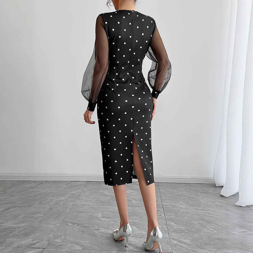 Round-neck Polka-dot Dress With Mesh Sleeves