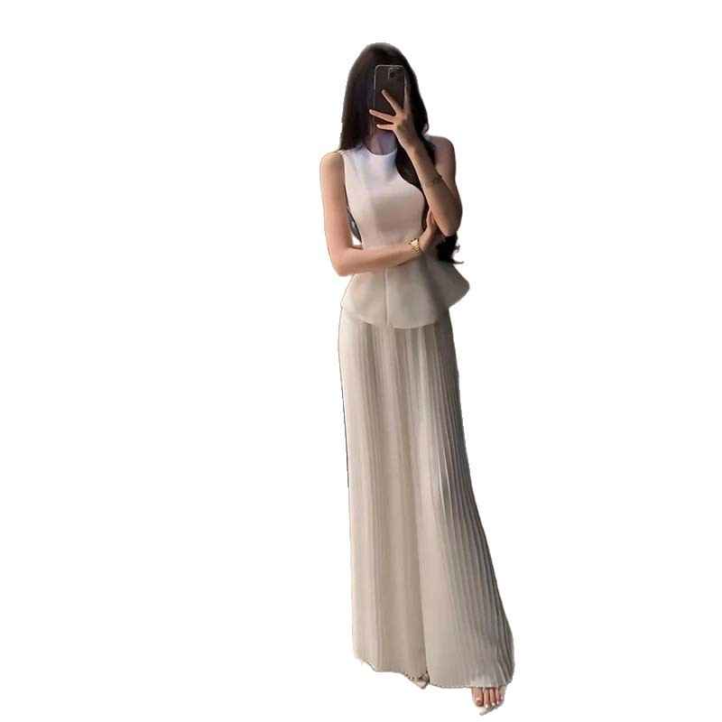 Pleated Vest & Wide-Leg Trousers Set — White