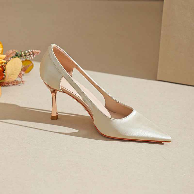 Satin Pointed-Toe Stiletto Heels – Hollow-Out Low-Cut Design