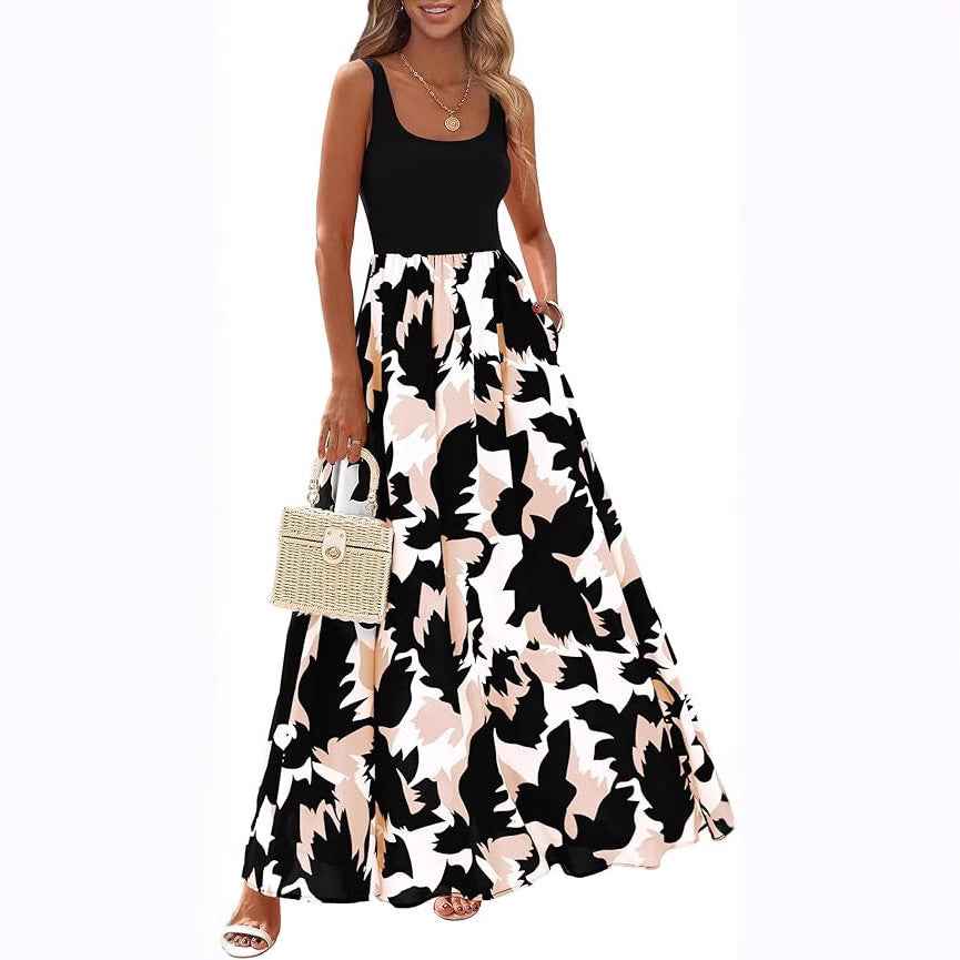 Colour-Block Sleeveless A-Line Maxi Dress — Patchwork Elegant