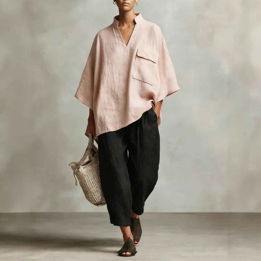 Cotton Linen Batwing Sleeve Shirt – Relaxed V-Neck with Pockets