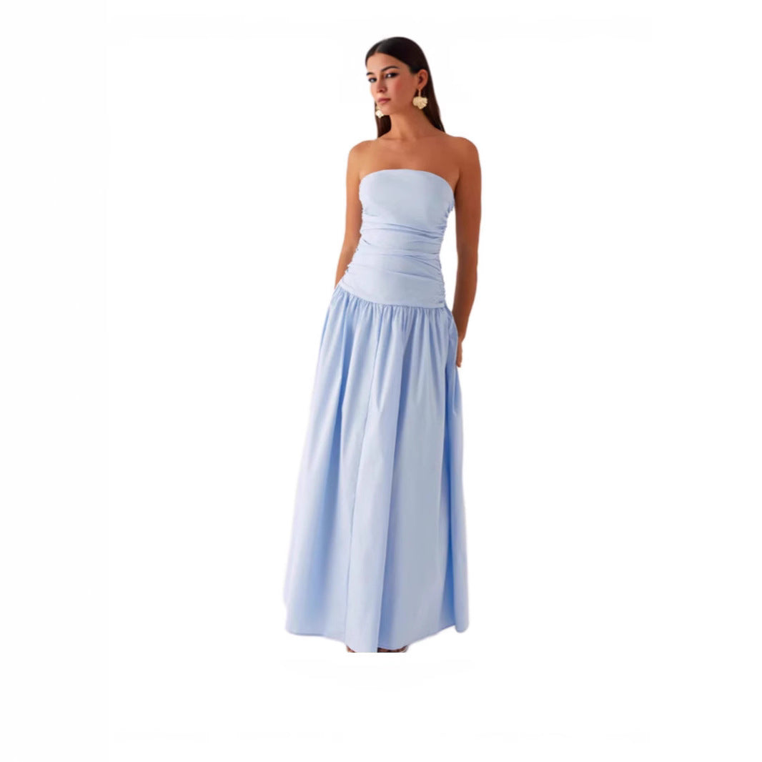 Strapless Pleated Patchwork Printed Dress