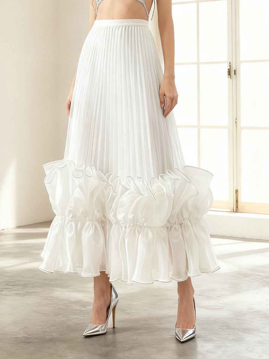 Pleated Ruffle Hem Midi Skirt – High Waist, A-Line