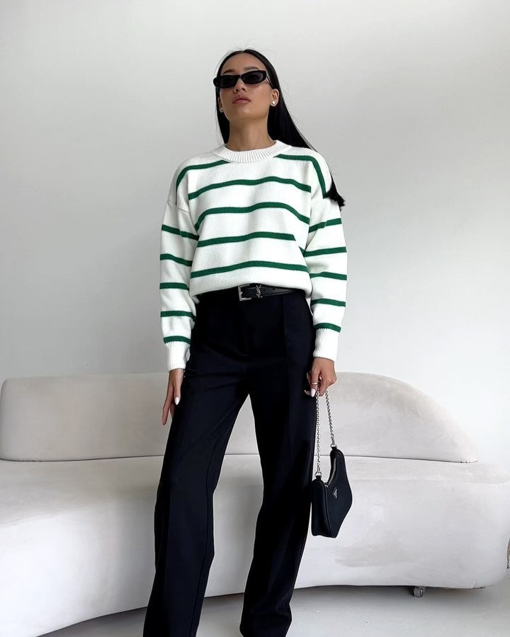 Loose-Fit Striped Long-Sleeve Pullover Top