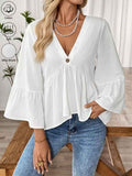 New Arrival Women's Solid Color V-Neck Ruffle Sleeve Blouse, Loose Elegant Casual Tops