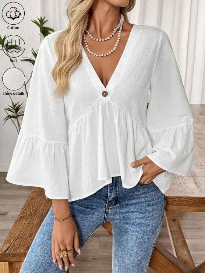 New Arrival Women's Solid Color V-Neck Ruffle Sleeve Blouse, Loose Elegant Casual Tops